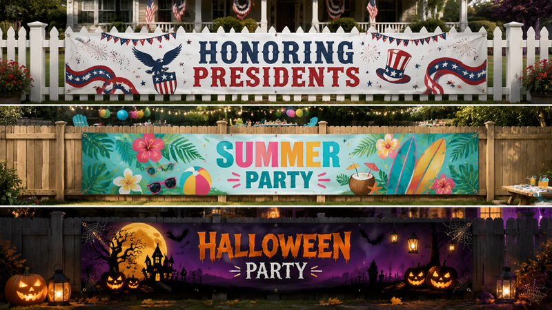 Holiday and party-themed outdoor banners set with customizable designs for wholesale B2B supply.