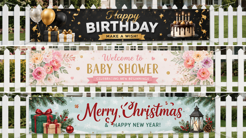Three festive vinyl banners displayed outdoors for birthday, baby shower, and Christmas celebrations.