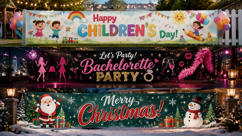 Three colorful banners displayed outdoors on a white picket fence, featuring Children's Day, Bachelorette Party, and Christmas designs, with festive decorations and themed graphics.