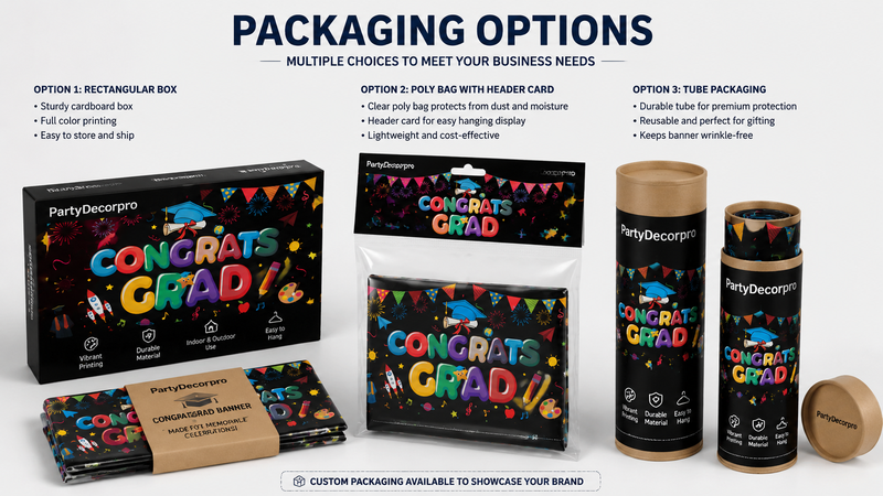 Kindergarten graduation banner packaging options with box, poly bag, and tube, customizable for branding