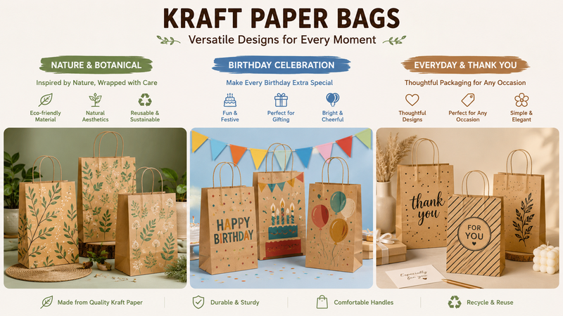Kraft paper gift bags showcasing festive and everyday designs with eco-friendly, durable construction.