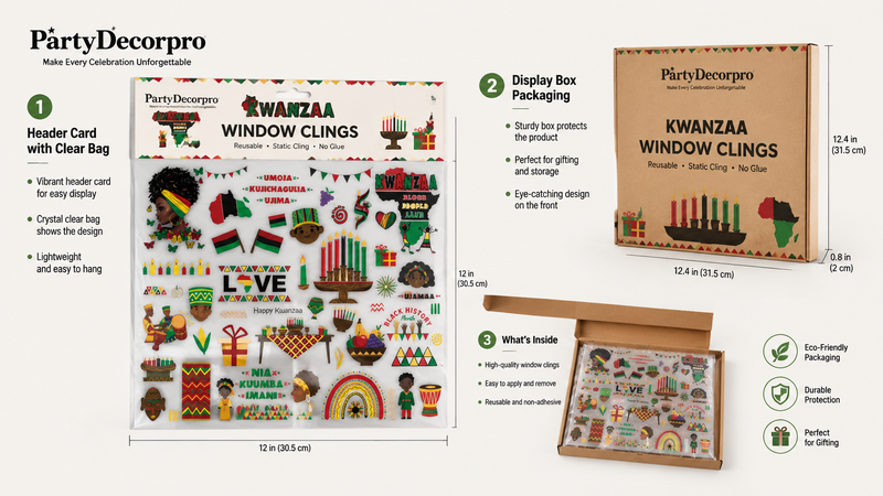 Kwanzaa-themed window cling packaging showing two packaging styles for display and gifting.