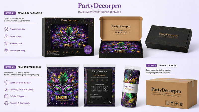 Mardi Gras backdrop packaging options showcasing gift box, poly bag, and shipping carton for customizable branding