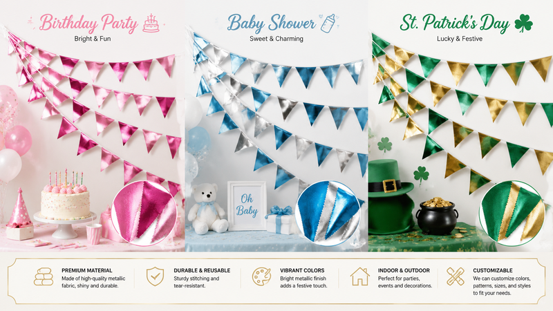Colorful metallic bunting flags in pink, blue, and green-gold for party decorations