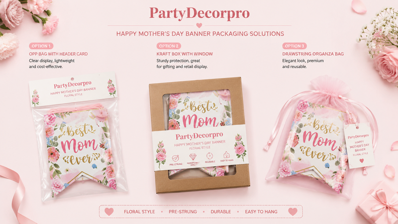 Mother's Day Banner Packaging Options Featuring OPP Bag, Kraft Box with Window, and Drawstring Organza Pouch