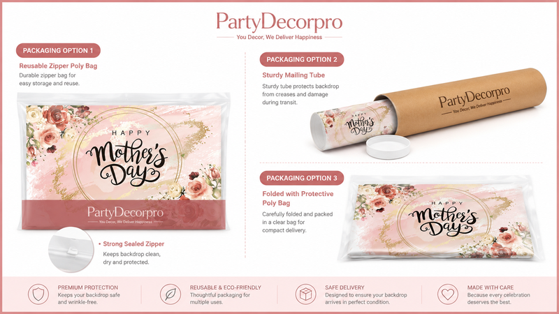 Mother’s Day backdrop packaging options with zipper bag, mailing tube, and folded poly bag, customizable for wholesale and retail.