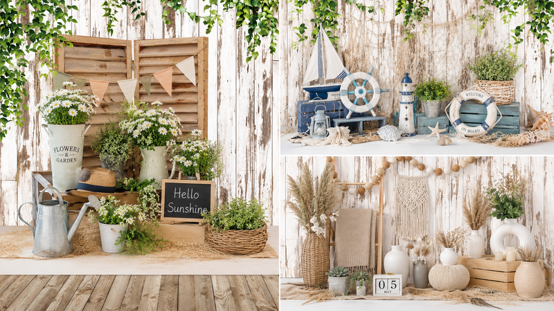 Multi-theme decorative backdrop with floral, coastal, and boho elements for display and photography