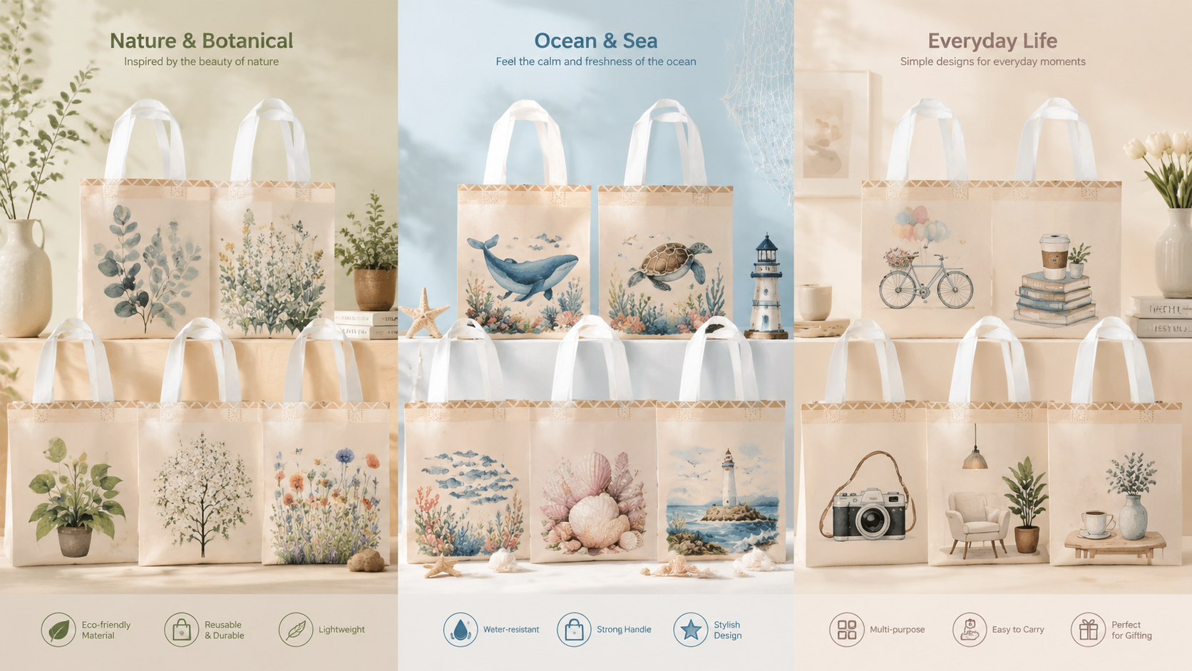 Multi-themed reusable tote bags featuring nature, ocean, and everyday life designs, durable and eco-friendly.