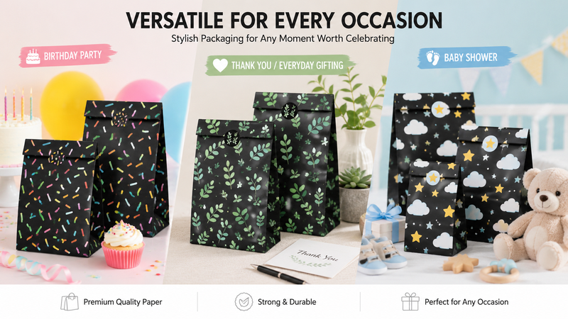 Multi-theme black gift bags for birthdays, thank-you gifts, and baby showers
