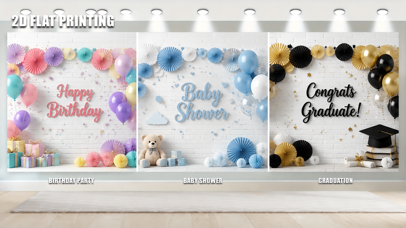 Multi-theme party backdrop with birthday, baby shower, and graduation decorations, vibrant colors, reusable fabric.