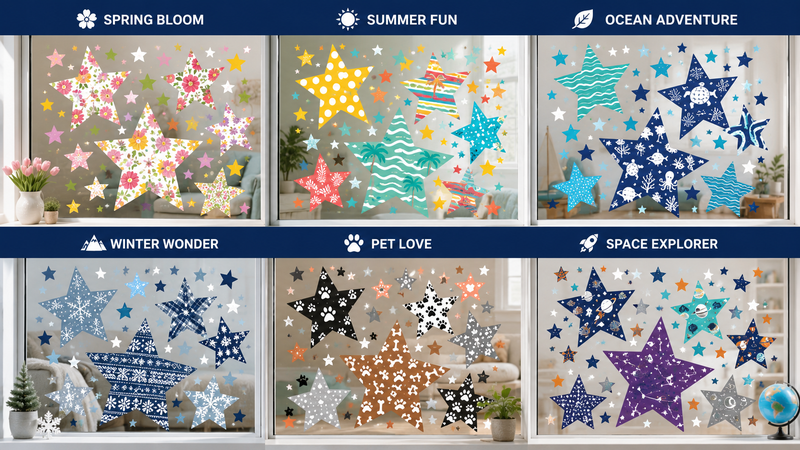 Multi-theme star window stickers in colorful designs for home decoration, reusable and easy to apply