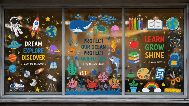 Multi-theme educational and festive window clings with colorful illustrations and characters.