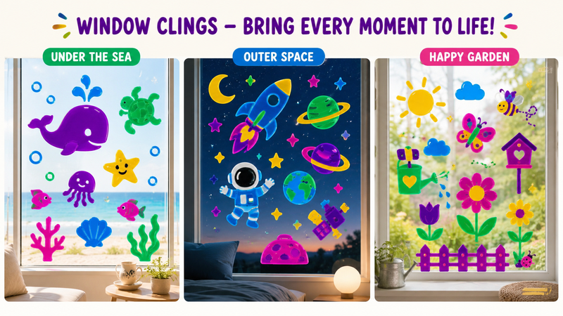 Colorful multi-theme window cling sets with Under the Sea, Outer Space, and Happy Garden designs on a bright window.
