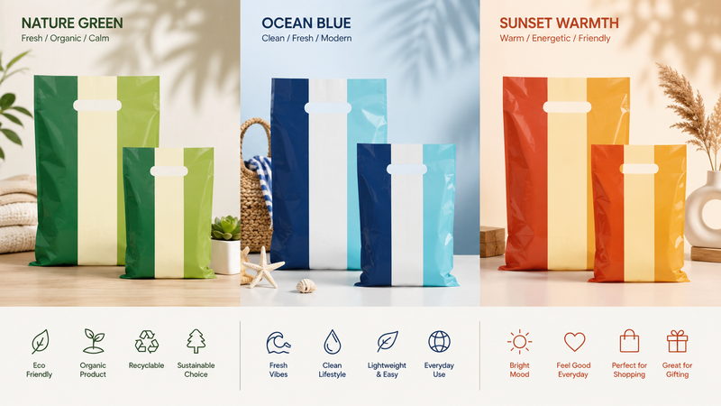 Multi-color striped plastic tote bags in green, blue, and orange themes, eco-friendly and reusable
