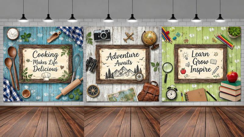 Multi-theme backdrop panels for wholesale, featuring cooking, adventure, and education designs, durable and vibrant print.