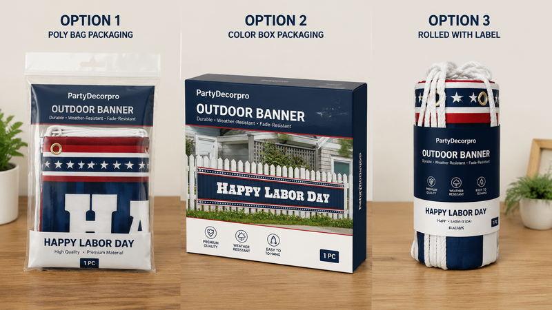 Three packaging options for outdoor banners: poly bag, color box, and rolled, suitable for wholesale and branding.