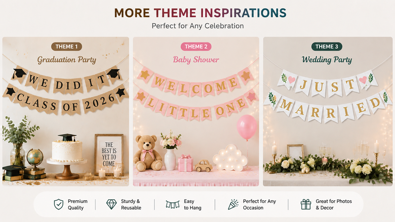 Custom Party Banner Decorations Featuring Graduation, Baby Shower, and Wedding Themes with Durable Reusable Materials and Customizable Colors and Shapes