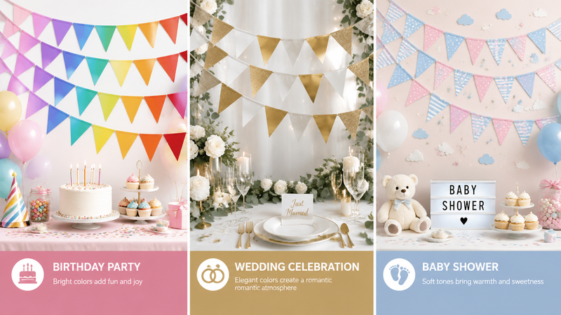 Custom Pennant Banner Theme Ideas for Birthday Party Wedding Celebration and Baby Shower Decorations with Colorful Reusable Designs