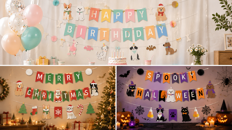 Pet-themed birthday banner with colorful dog cutouts and pre-strung ropes for wholesale and retail.