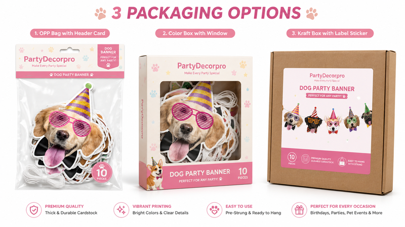 Pet-themed birthday party banner with playful dog cutouts and durable decorative elements.