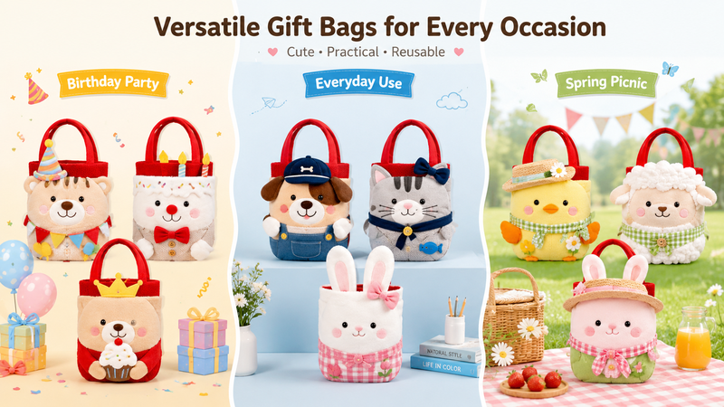 Cute and versatile plush gift bags for birthday, everyday, and spring picnic use, soft and reusable.