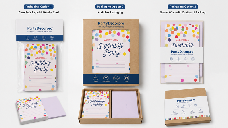 Colorful polka-dot birthday invitation cards with matching envelopes for B2B wholesale and custom packaging
