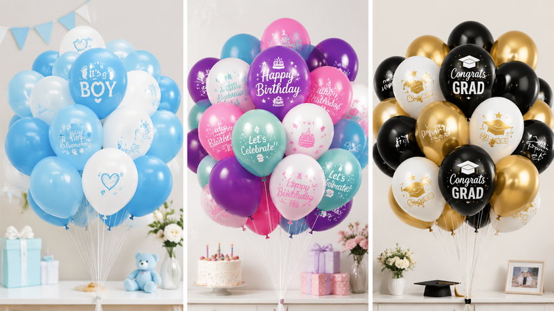Custom printed latex balloon bouquets for baby shower birthday and graduation celebrations