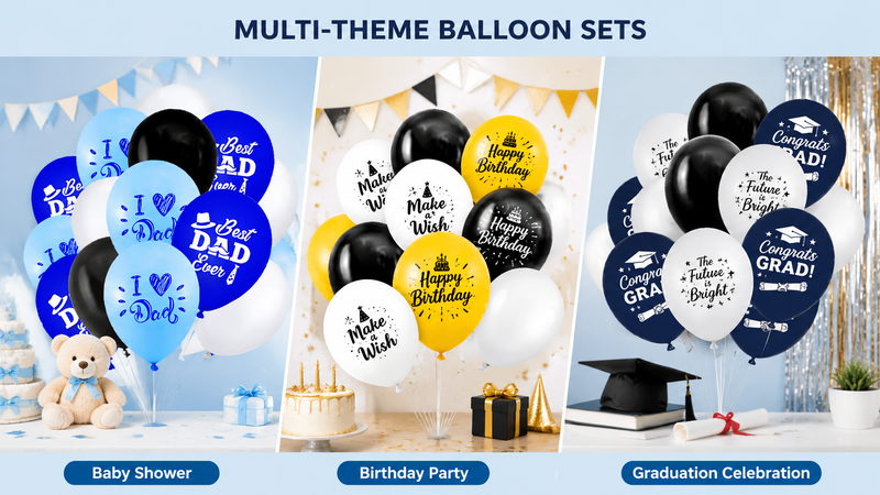 Multi-theme printed latex balloon sets for baby shower, birthday and graduation celebrations