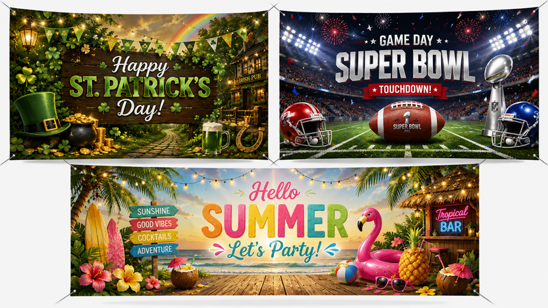 Three festive themed banners featuring St. Patrick's Day, Super Bowl, and Summer Party backdrops with vibrant, detailed graphics