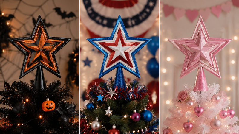 Custom star tree topper decorations for Christmas, Halloween, Valentine’s Day and patriotic party themes