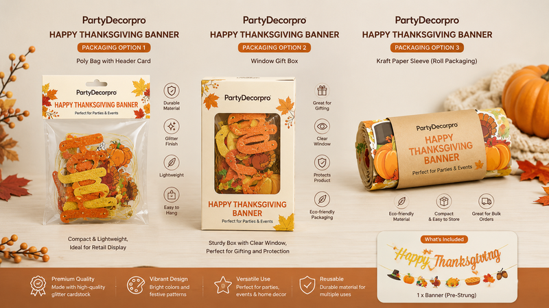 Thanksgiving banner packaging options including poly bag, window gift box, and kraft paper roll