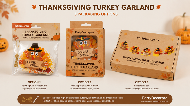 Custom packaging solutions for Thanksgiving turkey garland including poly bag, kraft window box, and mailer box packaging
