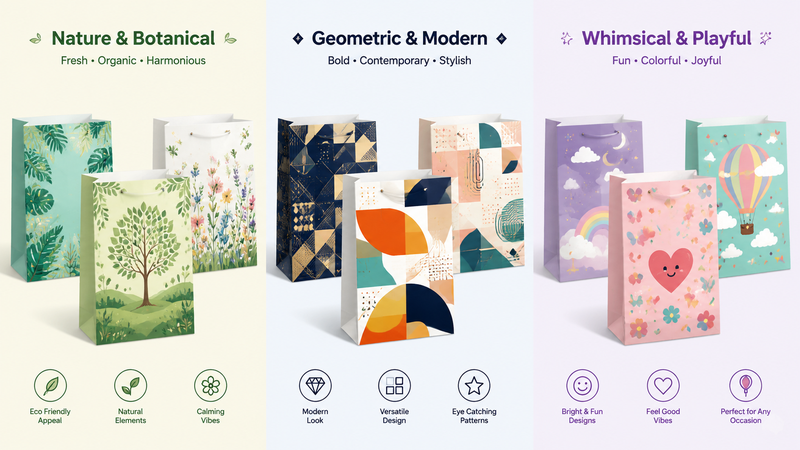 Colorful decorative holiday-themed gift bags showcasing multiple skull and floral designs in vibrant patterns.