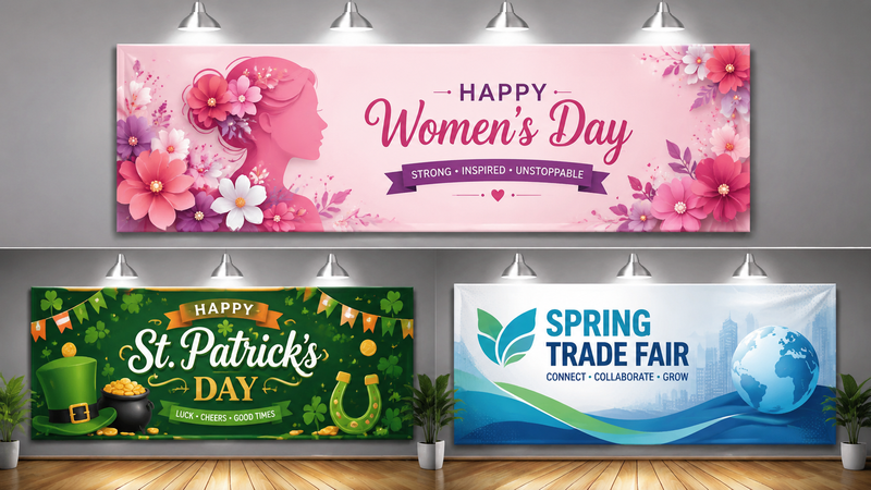 Three festive polyester banners for Women's Day, St. Patrick's Day, and Spring Trade Fair with vibrant colors, suitable for events and wholesale.