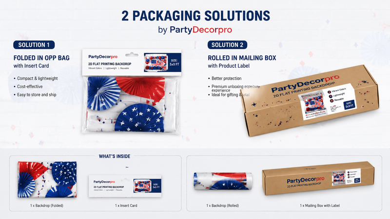 Two packaging solutions for party backdrops showing folded OPP bag and rolled mailing box for versatile shipping and display