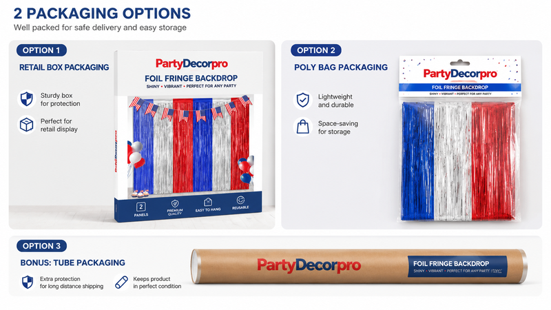 Custom backdrop packaging options showing retail box, poly bag, and tube for party supplies