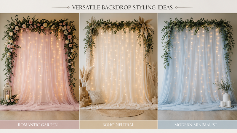 Versatile backdrop display showing three styled themes with tulle, florals, and string lights.