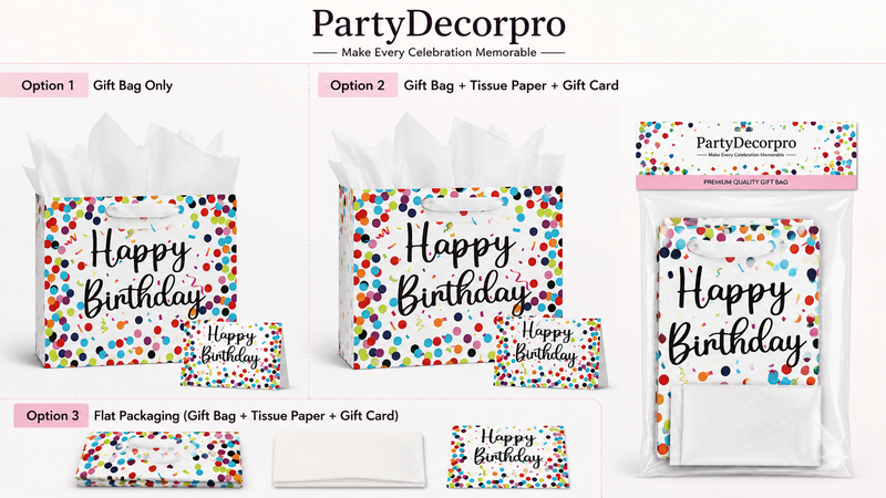 Birthday gift bag packaging with colorful confetti design and optional tissue paper and card.