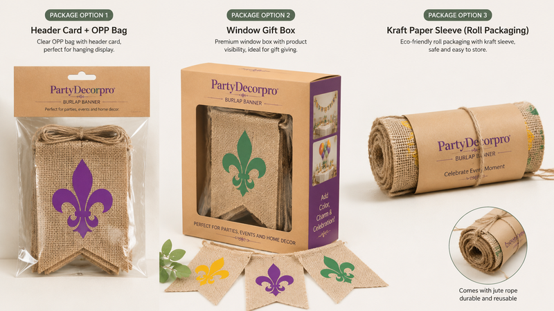 Burlap banner with three packaging options showing header card, window box, and kraft roll packaging