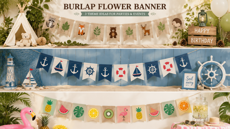 Burlap party banner with colorful animal, sailboat, and fruit designs
