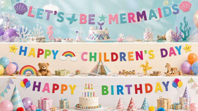 Colorful themed burlap pennant sets for Kids' Day, Birthday, and Mermaid parties, arranged on a 16:9 layout with festive background.