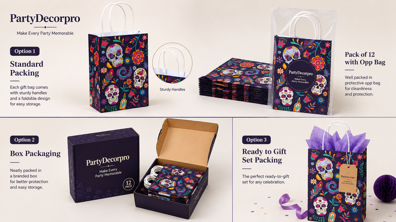 Festive paper bag packaging options with colorful skull and floral designs for custom branding and gift sets