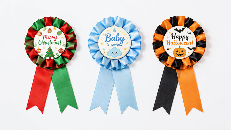Colorful festive party badges with ribbons and metal pins for birthdays and celebrations
