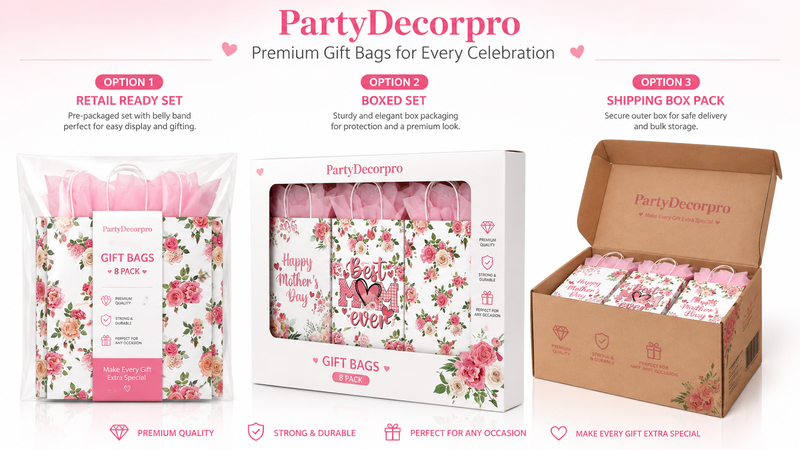 Mother’s Day floral gift bag packaging options with retail, boxed, and shipping styles