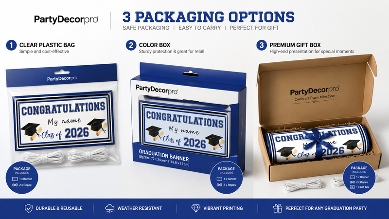 Graduation banner packaging options including clear bag, color box, and premium gift box, customizable
