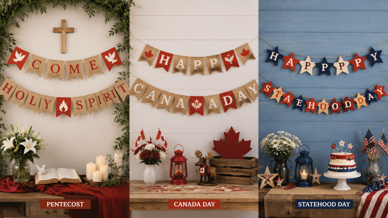 Three holiday-themed burlap banner sets for Pentecost, Canada Day, and Statehood Day, featuring festive decor and customizable design.