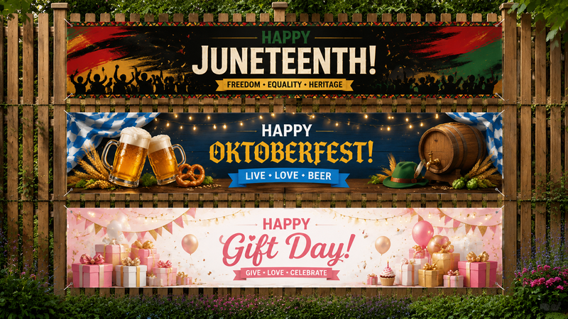 Festive and party banners for Juneteenth, Oktoberfest, and Gift Day on a wooden fence, vibrant colors and themed design.
