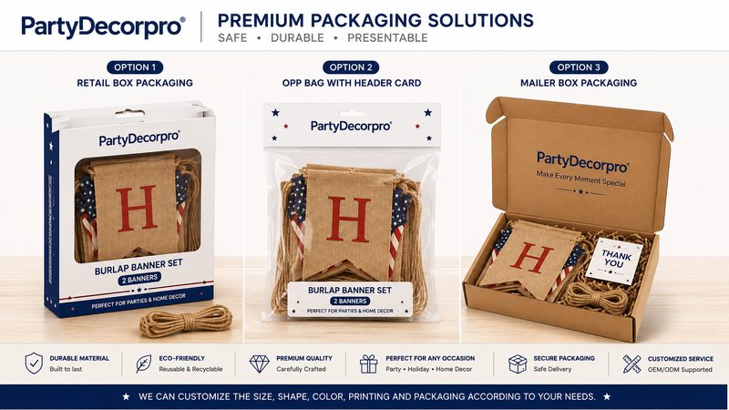 Three customizable burlap banner packaging options including retail box, OPP bag, and mailer box, ideal for wholesale and brand display.
