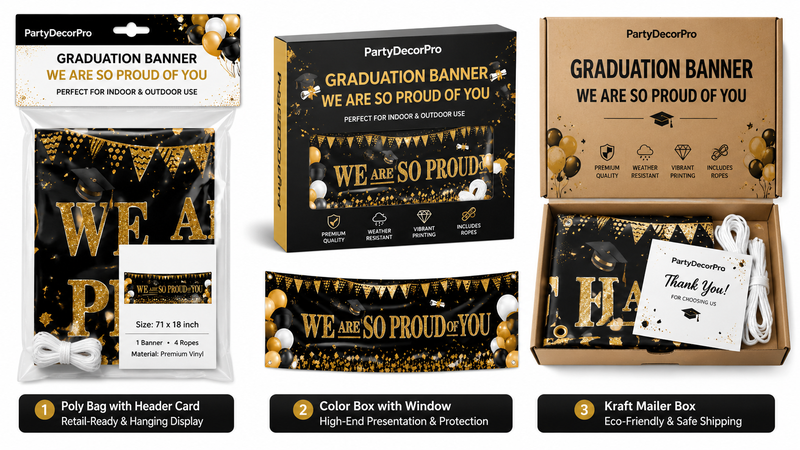 Graduation party banner with versatile packaging options for wholesale and brand display
