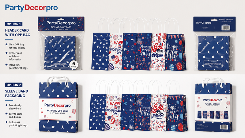 Festive gift bag packaging with stars and patriotic designs, customizable for wholesale and brand display